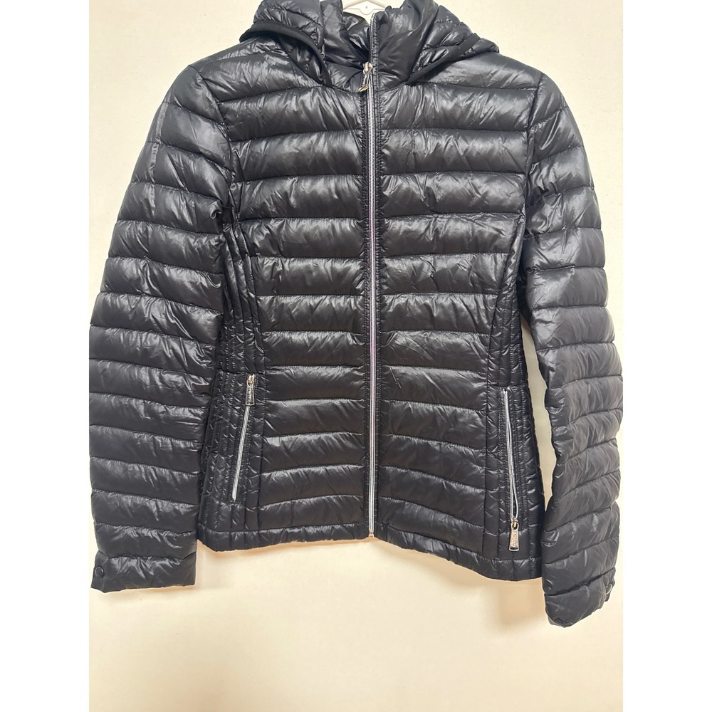 Calvin Klein Womens Black Packable Premium Down Puffer Jacket Hooded Small